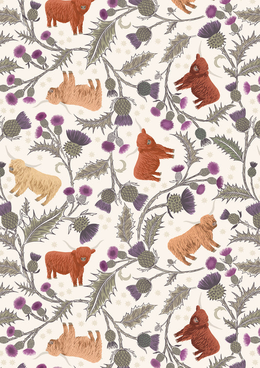Highlands Highland Cow and Thistle on Lt Cream